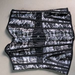 Boned corset, 50's burlesque style, white satin with black lace, Small